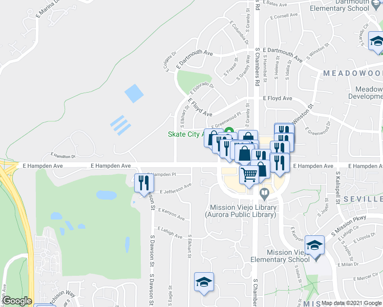 map of restaurants, bars, coffee shops, grocery stores, and more near 3464 South Eagle Street in Aurora