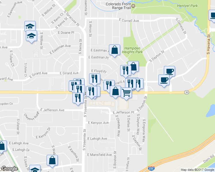 map of restaurants, bars, coffee shops, grocery stores, and more near 9005 East Girard Avenue in Denver