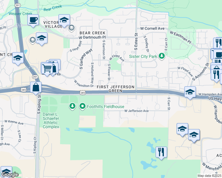 map of restaurants, bars, coffee shops, grocery stores, and more near 3354 South Flower Street in Denver