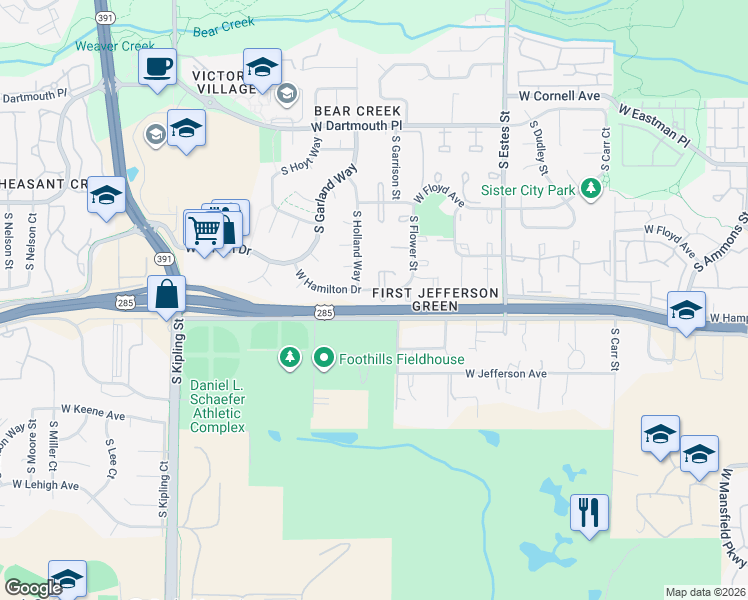 map of restaurants, bars, coffee shops, grocery stores, and more near 10 West Hamilton Drive in Lakewood