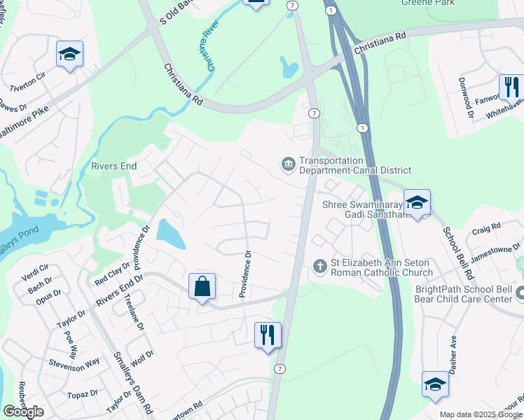 map of restaurants, bars, coffee shops, grocery stores, and more near 222 Bynum Place in Bear