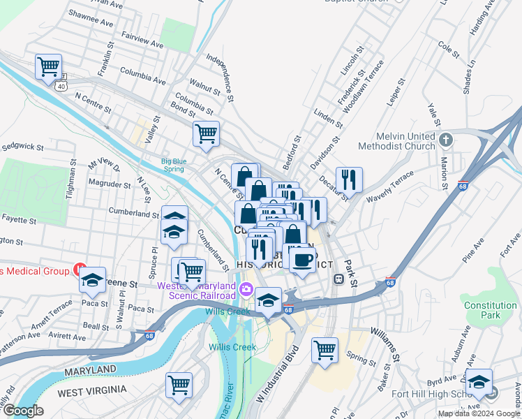 map of restaurants, bars, coffee shops, grocery stores, and more near 138 Bedford Street in Cumberland