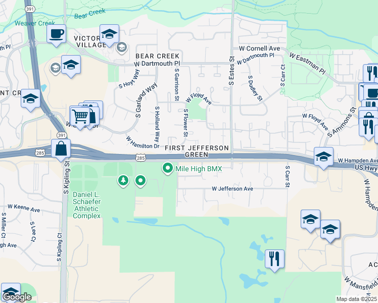 map of restaurants, bars, coffee shops, grocery stores, and more near 3354 South Flower Street in Denver