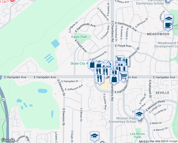 map of restaurants, bars, coffee shops, grocery stores, and more near 14901 East Hampden Avenue in Aurora