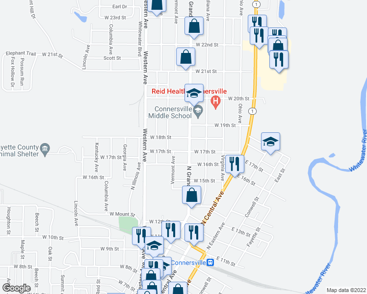 map of restaurants, bars, coffee shops, grocery stores, and more near 1709 North Grand Avenue in Connersville