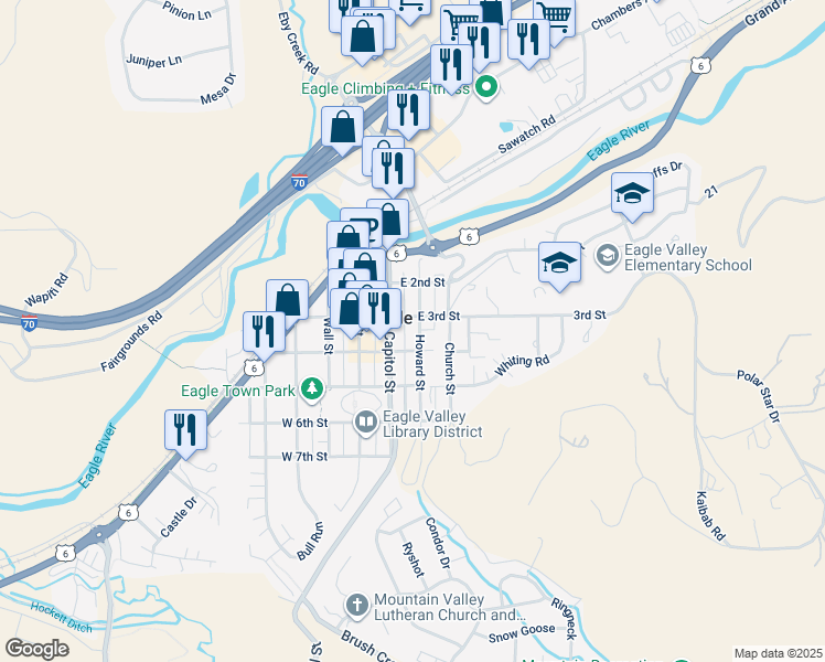 map of restaurants, bars, coffee shops, grocery stores, and more near 319 Howard St in Eagle