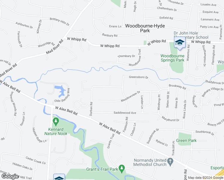 map of restaurants, bars, coffee shops, grocery stores, and more near 6420 Durban Road in Dayton