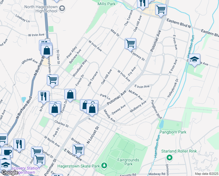 map of restaurants, bars, coffee shops, grocery stores, and more near 927 Hamilton Boulevard in Hagerstown