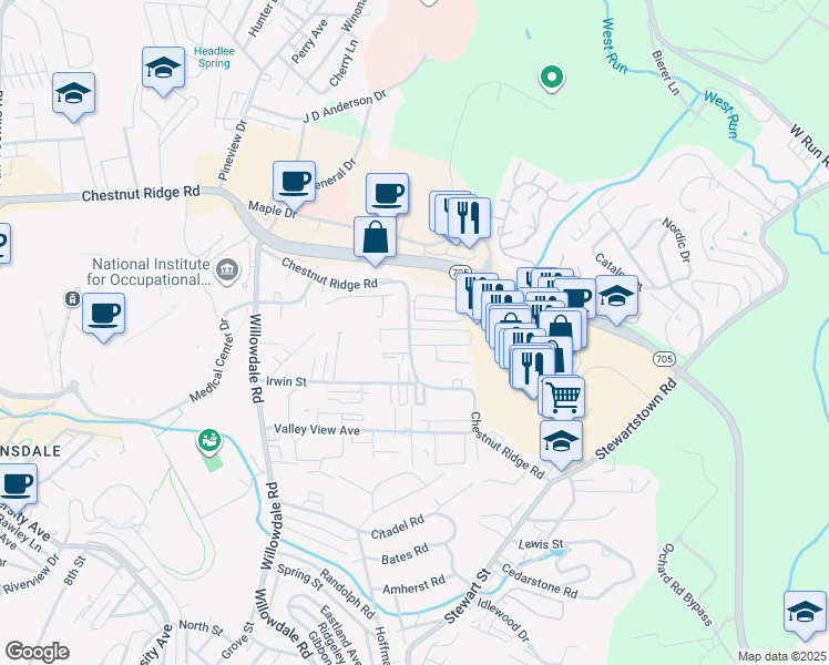 map of restaurants, bars, coffee shops, grocery stores, and more near 102 Meadowridge Townhomes in Morgantown
