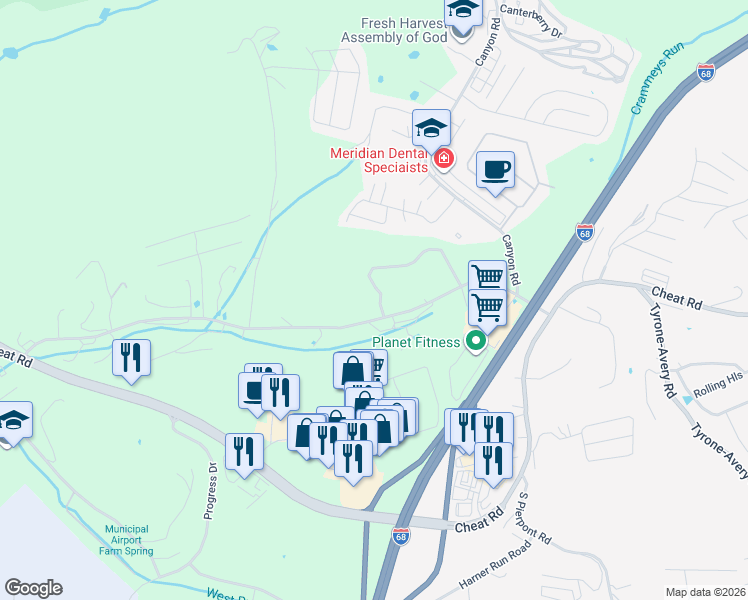 map of restaurants, bars, coffee shops, grocery stores, and more near 345 Old Cheat Rd in Morgantown