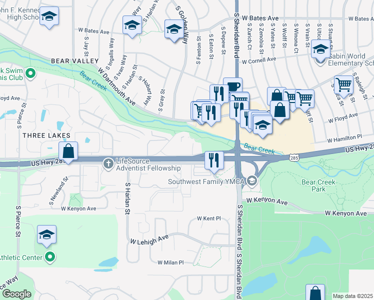 map of restaurants, bars, coffee shops, grocery stores, and more near 5855 West Hampden Avenue in Lakewood