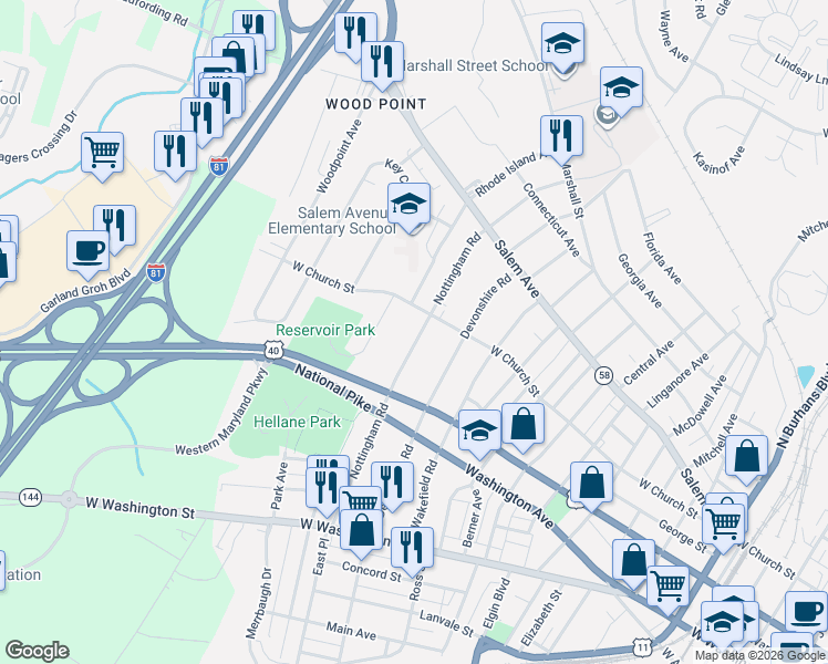 map of restaurants, bars, coffee shops, grocery stores, and more near 229 Nottingham Road in Hagerstown
