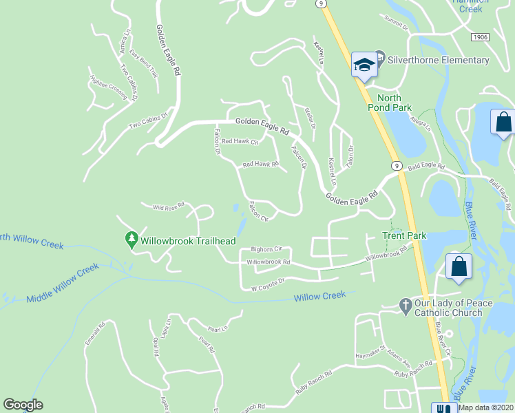 map of restaurants, bars, coffee shops, grocery stores, and more near 1690 Falcon Circle in Silverthorne
