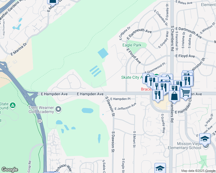 map of restaurants, bars, coffee shops, grocery stores, and more near 14555 East Hampden Avenue in Denver