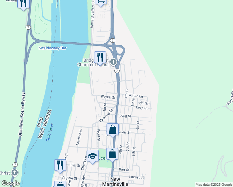map of restaurants, bars, coffee shops, grocery stores, and more near 1000 3rd Street in New Martinsville
