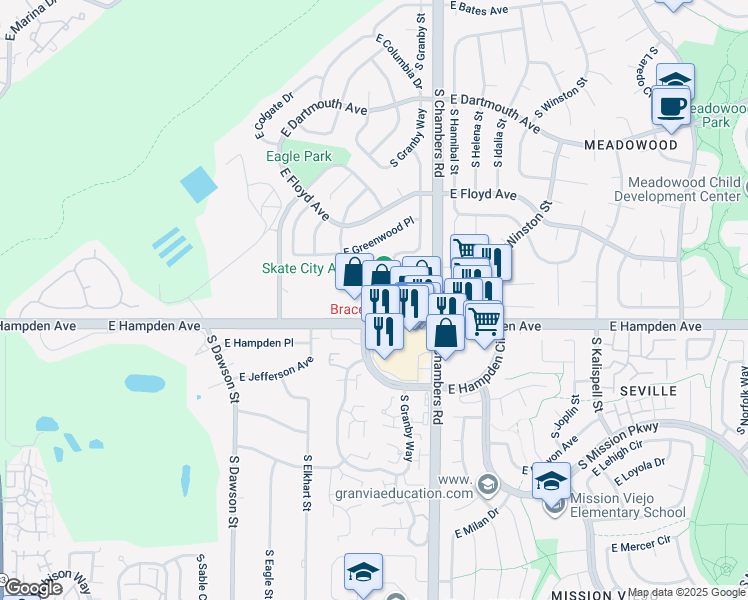 map of restaurants, bars, coffee shops, grocery stores, and more near 3460 South Fairplay Way in Aurora