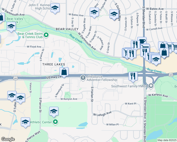 map of restaurants, bars, coffee shops, grocery stores, and more near 5995 West Hampden Avenue in Denver