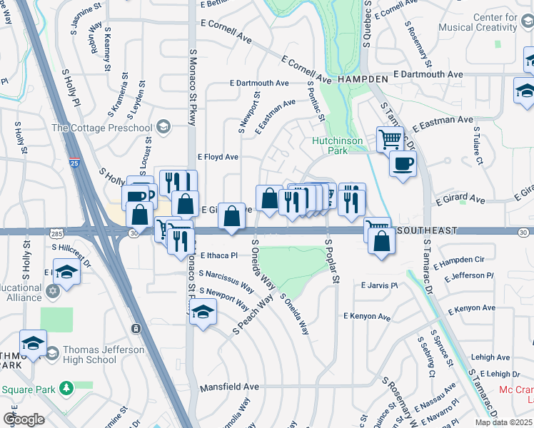 map of restaurants, bars, coffee shops, grocery stores, and more near 3400 South Oneida Way in Denver
