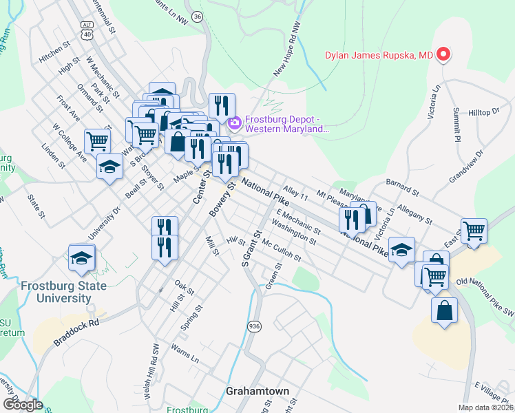 map of restaurants, bars, coffee shops, grocery stores, and more near 36 Washington Street in Frostburg