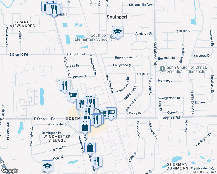 map of restaurants, bars, coffee shops, grocery stores, and more near 7728 Southfield Drive in Southport