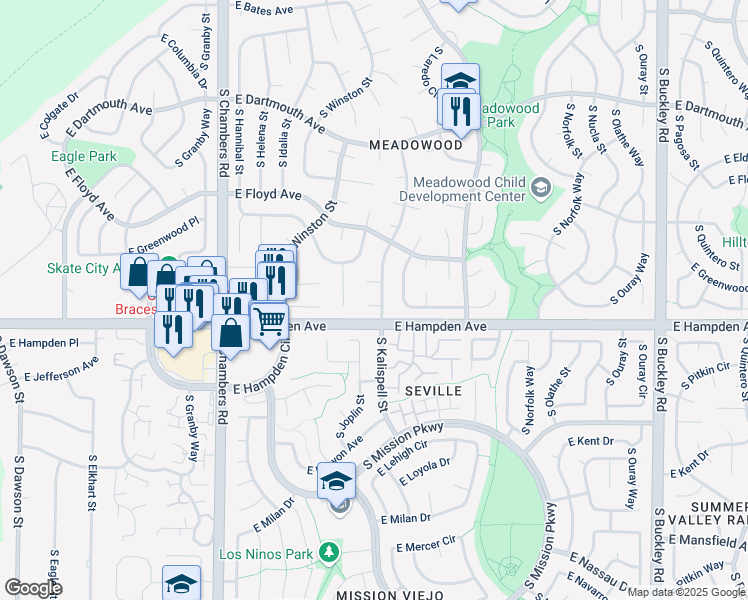map of restaurants, bars, coffee shops, grocery stores, and more near 15893 East Hamilton Place in Aurora