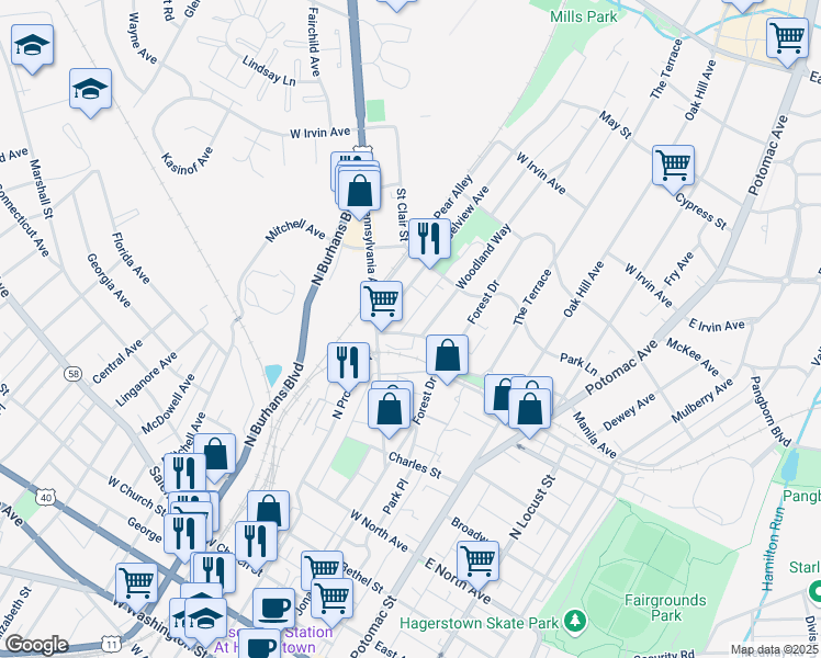 map of restaurants, bars, coffee shops, grocery stores, and more near 240 Prospect Avenue in Hagerstown