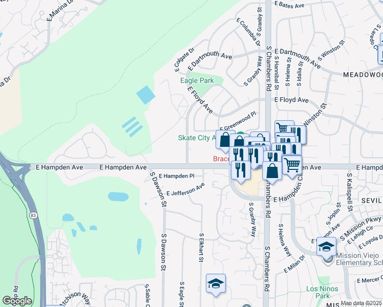 map of restaurants, bars, coffee shops, grocery stores, and more near 3460 South Eagle Street in Aurora