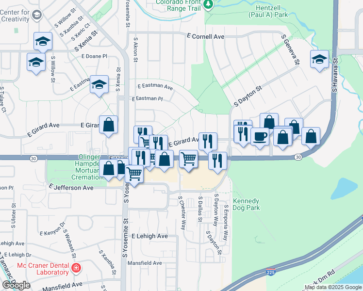 map of restaurants, bars, coffee shops, grocery stores, and more near 9200 East Girard Avenue in Denver