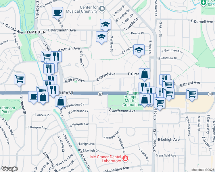 map of restaurants, bars, coffee shops, grocery stores, and more near 8405 East Hampden Avenue in Denver