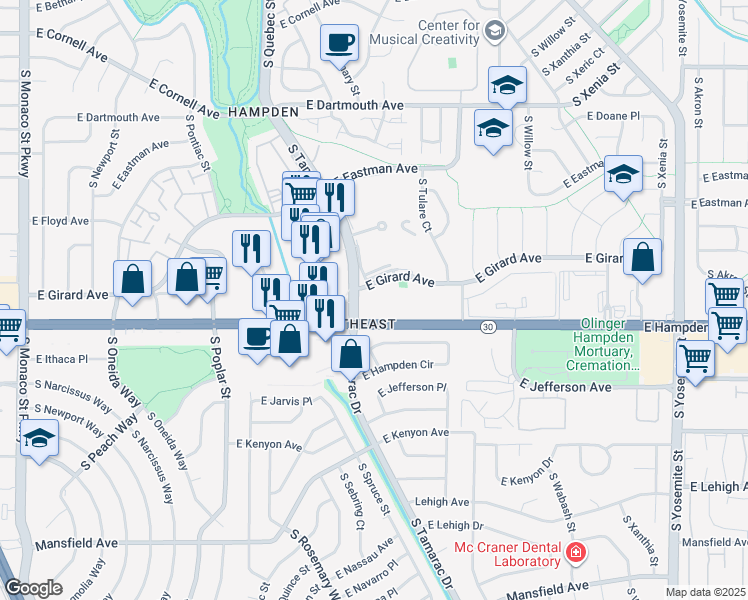 map of restaurants, bars, coffee shops, grocery stores, and more near 8000 East Girard Avenue in Denver