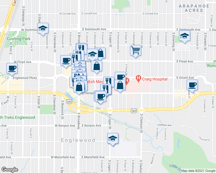 map of restaurants, bars, coffee shops, grocery stores, and more near 3455 South Logan Street in Englewood