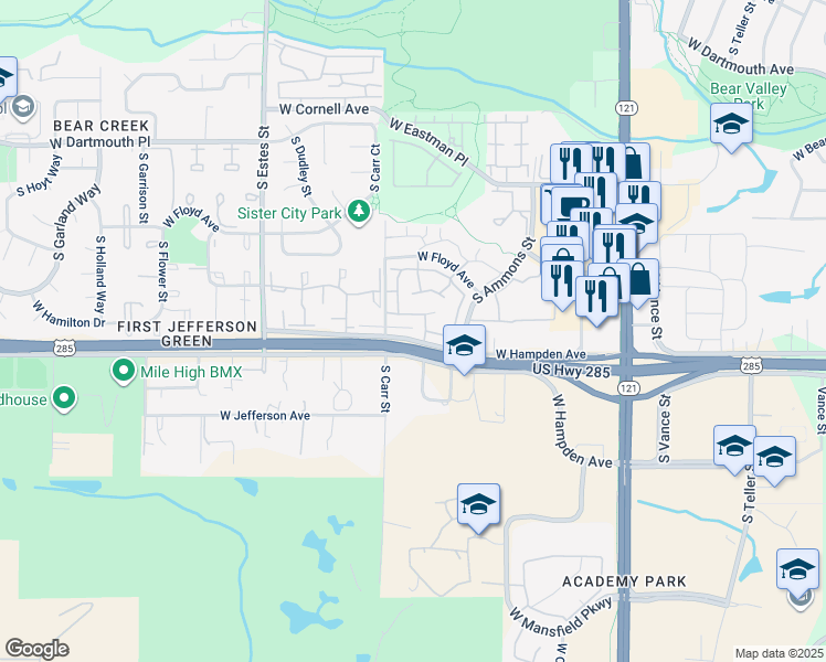 map of restaurants, bars, coffee shops, grocery stores, and more near 3490 South Carr Street in Lakewood