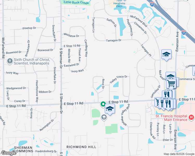 map of restaurants, bars, coffee shops, grocery stores, and more near 7746 Pearson Place in Indianapolis
