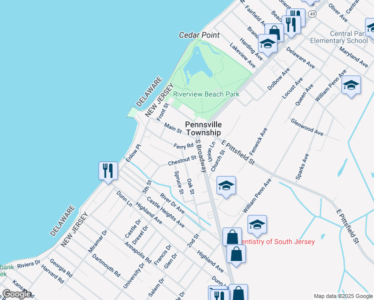 map of restaurants, bars, coffee shops, grocery stores, and more near 3b Ferry Road in Pennsville