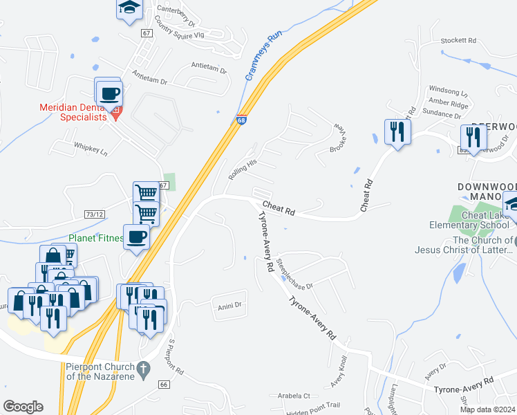 map of restaurants, bars, coffee shops, grocery stores, and more near 15 Tyrone Avery Road in Morgantown