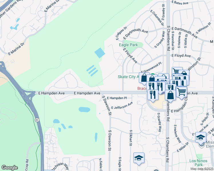 map of restaurants, bars, coffee shops, grocery stores, and more near 14555 East Hampden Avenue in Denver
