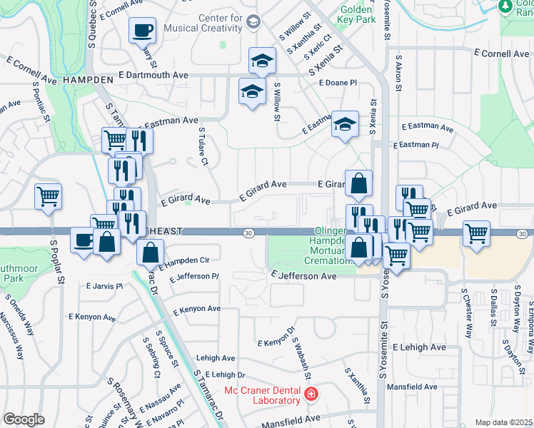 map of restaurants, bars, coffee shops, grocery stores, and more near 8405 East Hampden Avenue in Denver