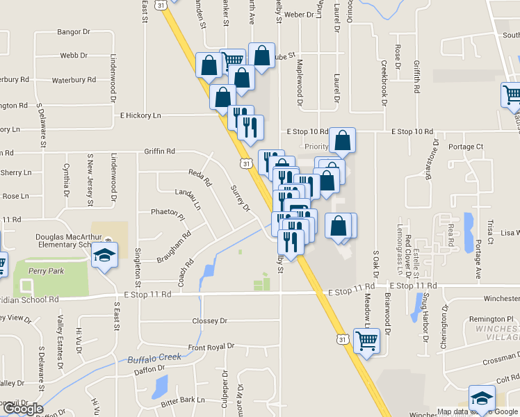 map of restaurants, bars, coffee shops, grocery stores, and more near 7735 Surrey Drive in Indianapolis