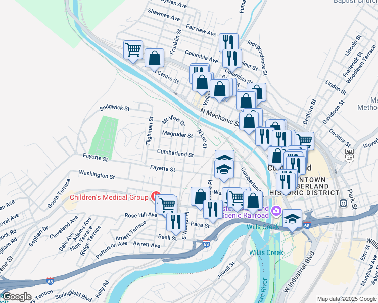 map of restaurants, bars, coffee shops, grocery stores, and more near 327 Cumberland Street in Cumberland