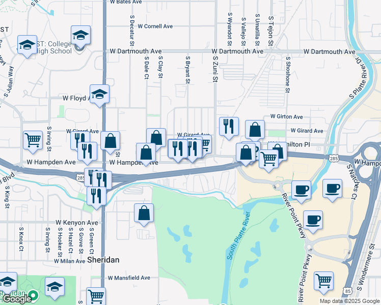 map of restaurants, bars, coffee shops, grocery stores, and more near 3484 South Bryant Street in Englewood
