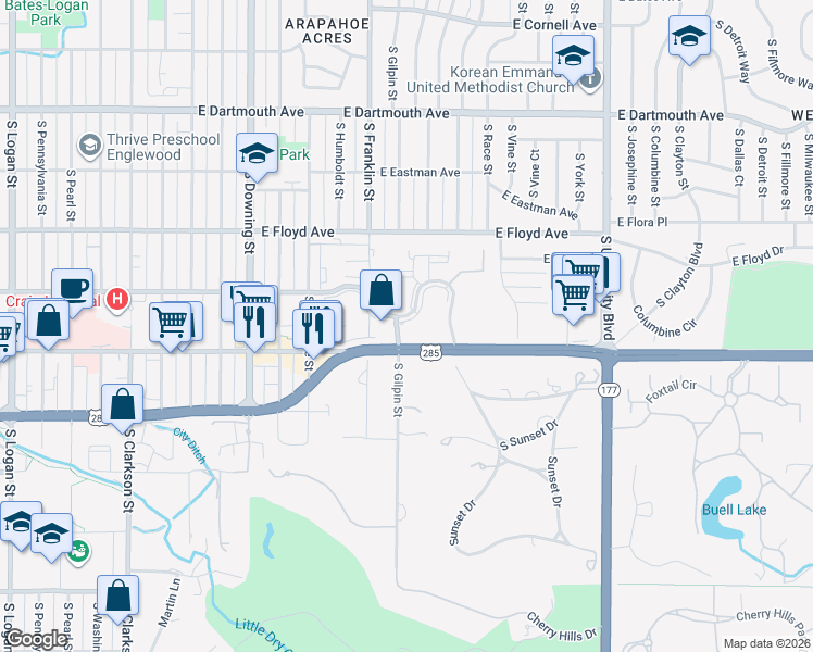 map of restaurants, bars, coffee shops, grocery stores, and more near 1701 Girard Place South in Englewood