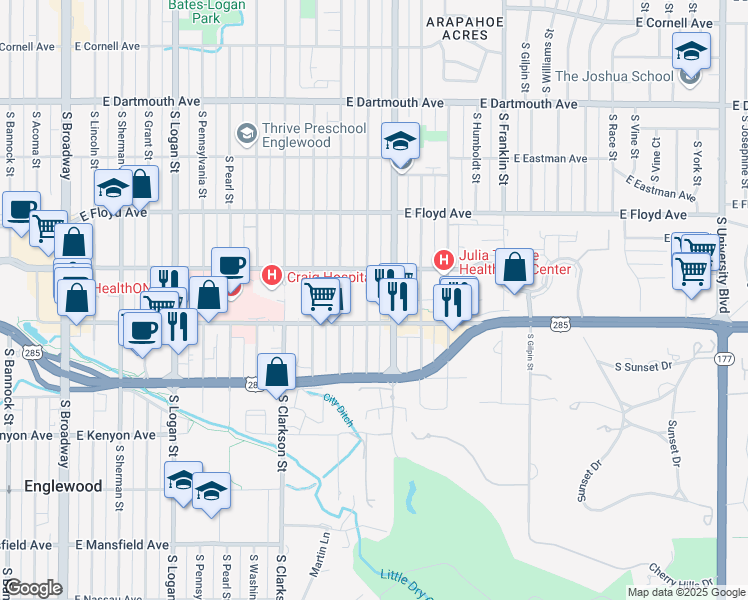 map of restaurants, bars, coffee shops, grocery stores, and more near 3450 South Corona Street in Englewood