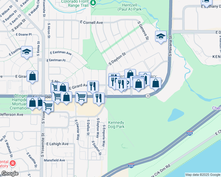 map of restaurants, bars, coffee shops, grocery stores, and more near 9725 East Hampden Avenue in Denver
