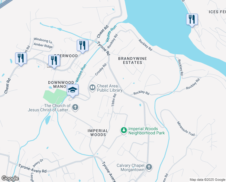 map of restaurants, bars, coffee shops, grocery stores, and more near 28 Candlelight Drive in Morgantown