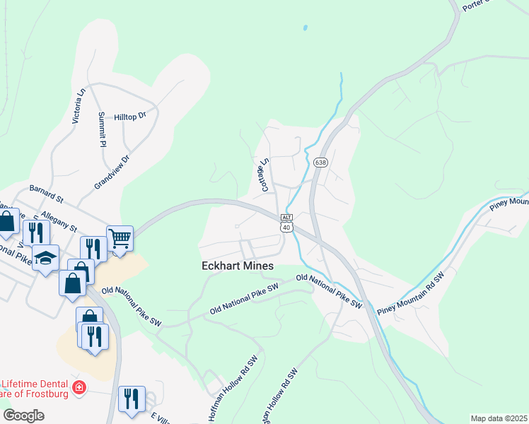 map of restaurants, bars, coffee shops, grocery stores, and more near 17000 National Highway Southwest in Frostburg