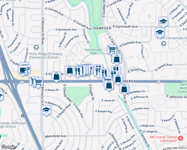 map of restaurants, bars, coffee shops, grocery stores, and more near 3480 South Poplar Street in Denver