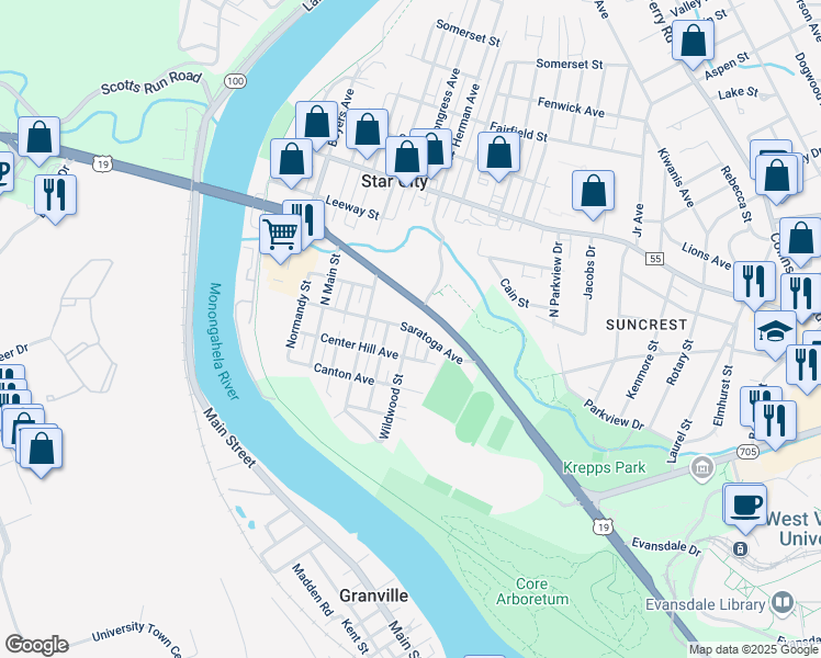 map of restaurants, bars, coffee shops, grocery stores, and more near 1401 Saratoga Avenue in Morgantown