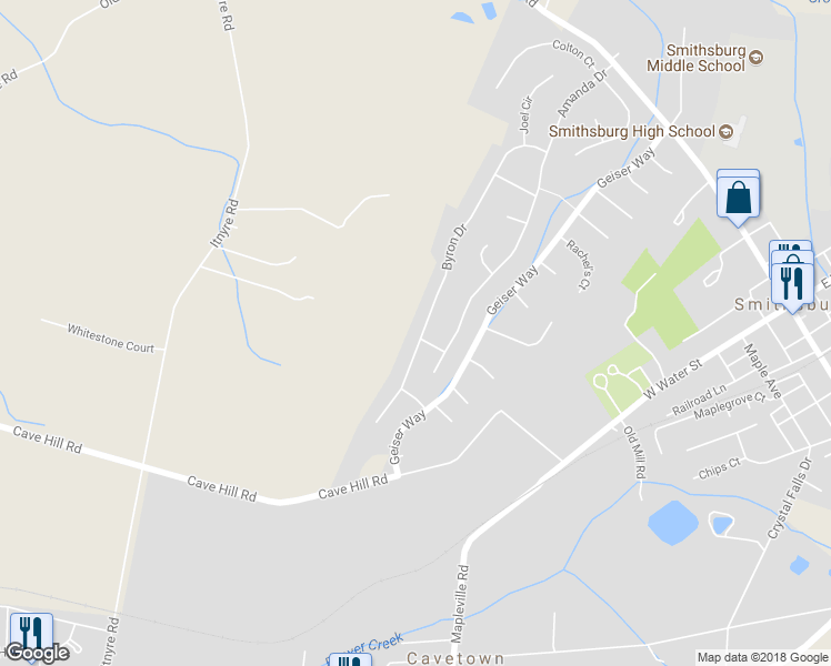 map of restaurants, bars, coffee shops, grocery stores, and more near 70 Byron Drive in Smithsburg