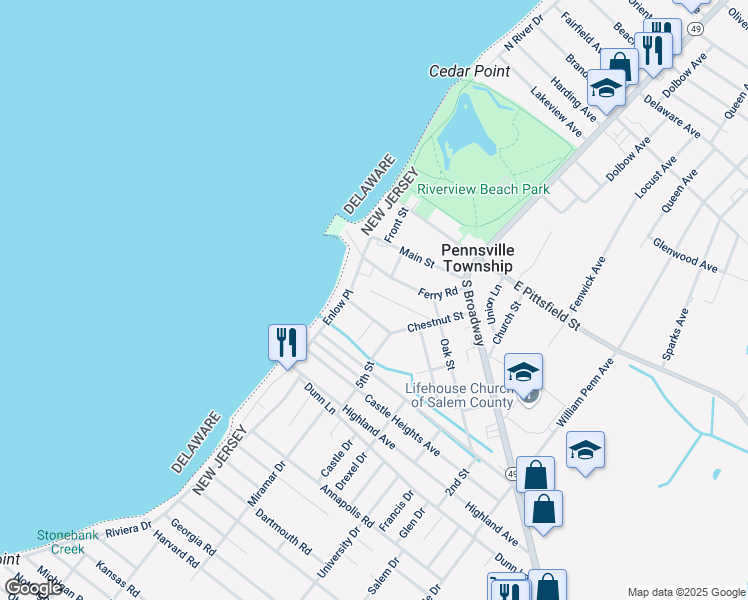 map of restaurants, bars, coffee shops, grocery stores, and more near 19 Park Avenue in Pennsville Township