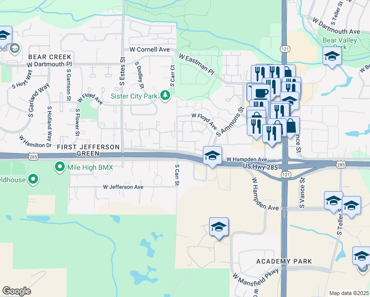 map of restaurants, bars, coffee shops, grocery stores, and more near 3490 South Carr Street in Lakewood